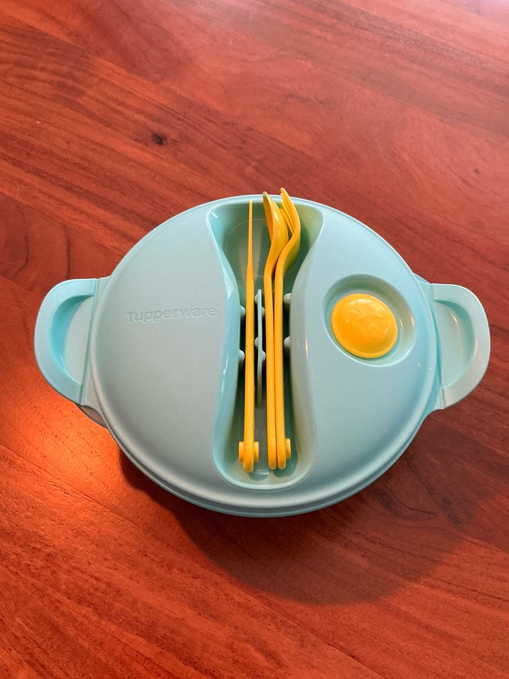 Tupperware Aqua Bowl with Yellow Folding Utensils